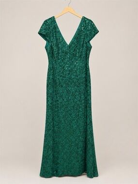 R&M Richards Emerald Lace V-Neck Evening Gown